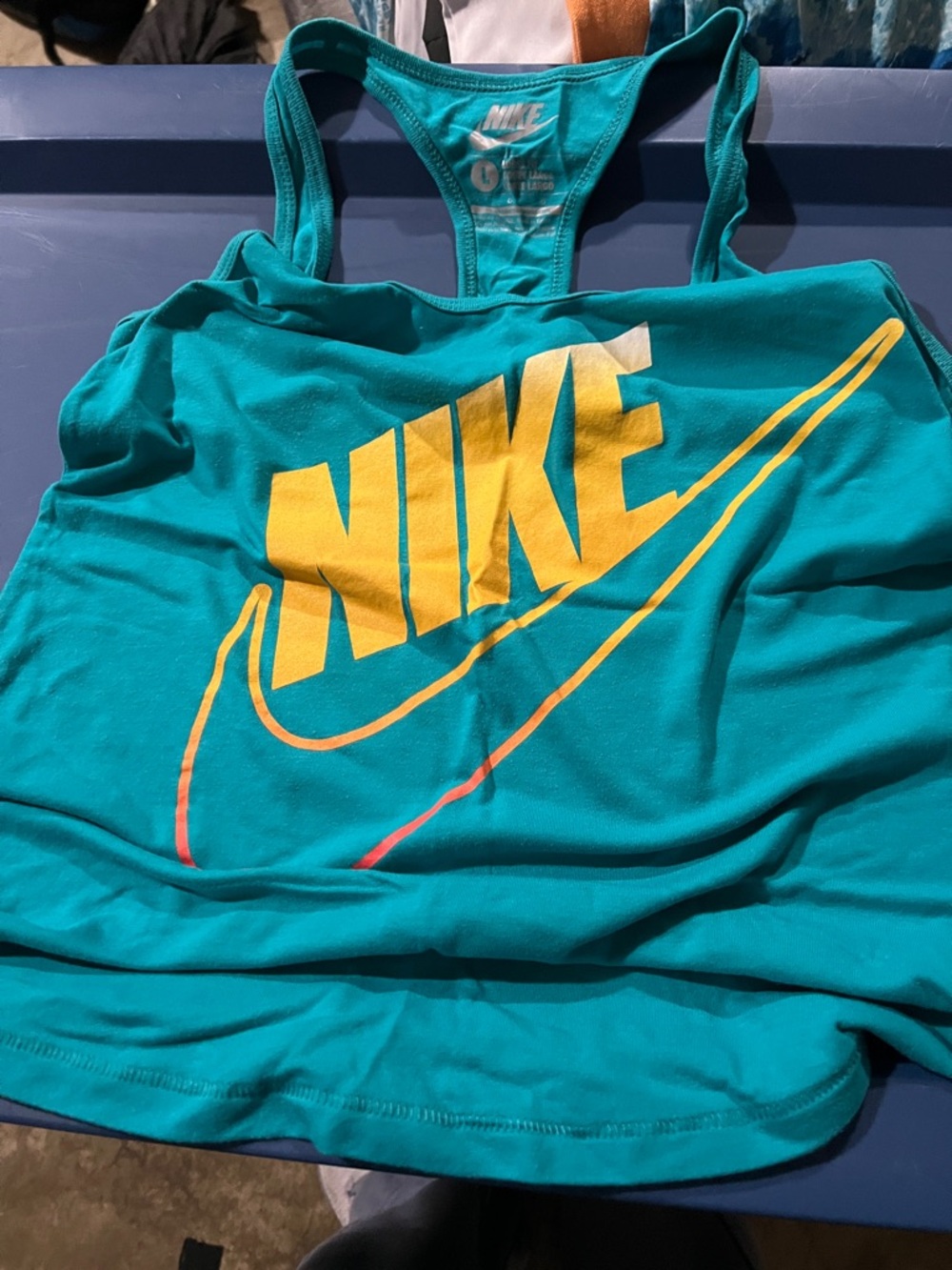 Nike Teal Racerback Tank with Yellow Logo and Orange Accents